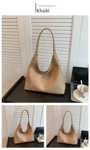 Detail of khaki woven tote bag showing premium leather craftsmanship and large capacity