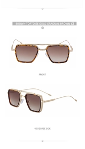Detail view of square tortoiseshell sunglasses with gold metal bridge and gradient lenses