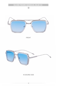 Front and side view of premium silver square sunglasses with blue gradient lenses C4