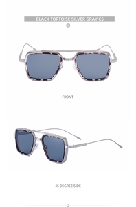 Front and side view of black tortoise square frame sunglasses with silver gray lenses