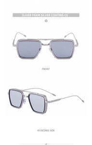 Detailed front and side view of silver retro square aviator sunglasses with double bridge