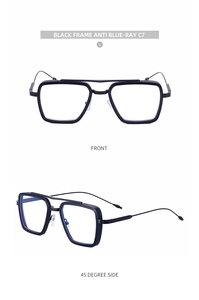 Detail view of black square frame anti-blue light glasses showing front and side angles