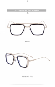 Detail of square gold metal frame blue light glasses with double bridge and black trim