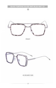 Macro view of C9 square frame glasses showing anti blue-ray lenses and silver temples