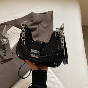 Quilted black patent leather hobo bag with silver chain strap and rivet details