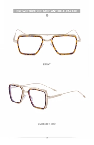 Brown tortoise gold glasses showing front and side views with anti blue-ray lenses