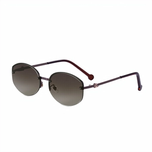 Fashionable rimless sunglasses with brown gradient lenses and dark purple metal frames