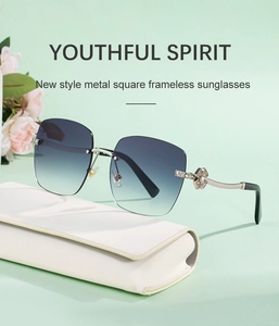 Detail of rimless gradient sunglasses with sparkling rhinestone floral accents on temples