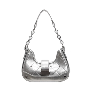 Silver quilted shoulder bag with chain strap and metallic finish in Y2K style