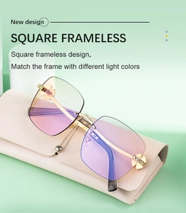 Detail of frameless square sunglasses with gradient lenses and clover rhinestone accents