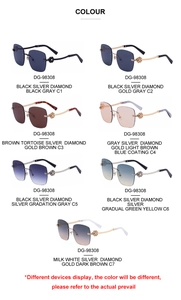 Detail view of rimless square sunglasses with floral rhinestone hinges in seven colors