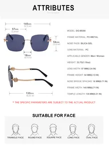 Size chart for rimless sunglasses showing lens width and clover leaf temple detail