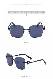 Front and 45-degree side view of rimless clover sunglasses with diamond accents
