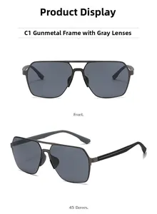 Detail of gunmetal square aviator sunglasses with grey lenses and double bridge frame