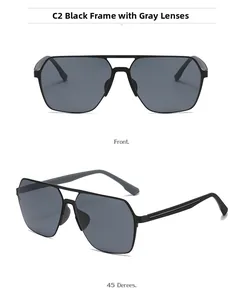Front and 45-degree views of square black metal frame sunglasses with grey lenses