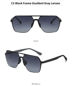 Detail view of square black frames with gradient gray lenses and metal accents