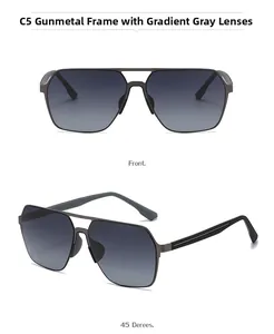 Detail view of gunmetal aviator sunglasses with gradient grey lenses and dual bridge