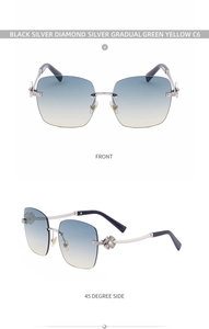 Detail of rimless sunglasses with gradient lenses and clover floral diamond accents