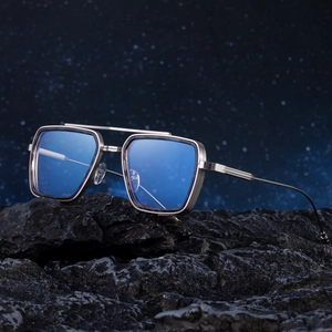Classic aviator square sunglasses with silver metal frame and blue transparent lenses
