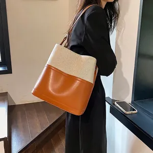 Women Patchwork Bucket Bag PU Leather And Canvas Large Capacity Contrast Color Retro Shoulder Handbag Fashion Minimalist