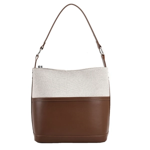 Elegant contrast color canvas and leather bucket bag with top zipper and shoulder strap