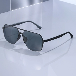 Men's square frame aviator sunglasses with black metal double bridge and polarized lenses
