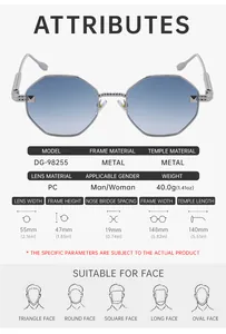 Detailed size chart for polygon metal sunglasses showing lens width and frame dimensions