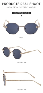 Detailed views of gold polygonal sunglasses with engraved metal temples and dark grey lenses