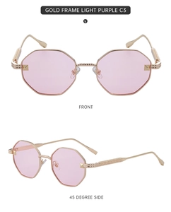 Close-up of golden octagonal metal sunglasses with light purple lenses and textured arms