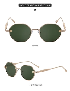 Detailed front and side view of gold polygon sunglasses with G15 green lenses and textured arms