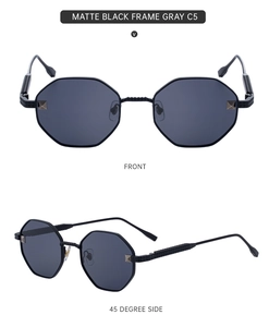 Detail of octagonal matte black sunglasses with gray lenses and slim metal temples