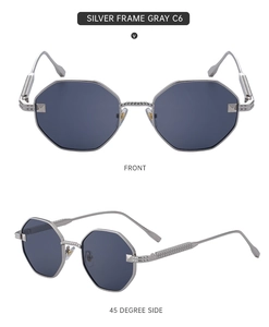 Detail of silver octagonal sunglasses with gray lenses and textured metal temples