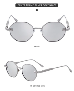 Detailed front and side views of silver polygon sunglasses with textured metal temples