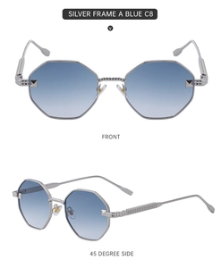 Detail view of silver metal temples and gradient blue lenses on polygon sunglasses