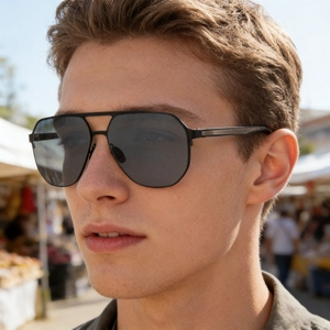 Classic square polarized sunglasses for men with black matte metal frame and double bridge