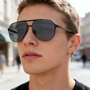 Close-up of stylish black square aviator sunglasses for men with polarized dark lenses