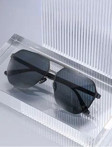 Close-up of square polarized sunglasses with black metal frame and double bridge