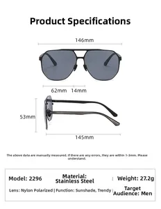 Detailed size specifications for square polarized stainless steel sunglasses for men