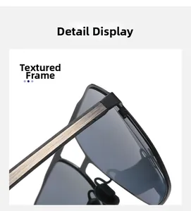 Detailed close-up of textured metal frame and gray polarized lenses of square sunglasses
