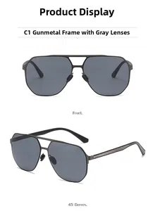 Front and 45-degree angle view of gunmetal square polarized sunglasses with gray lenses