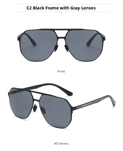 Detail of square polarized sunglasses in black frames with front and side views