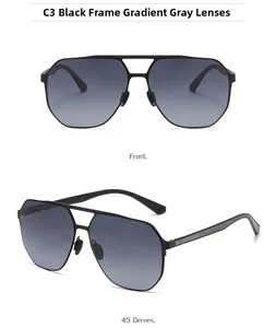 Detail view of matte black pilot sunglasses with gradient grey lenses from two angles