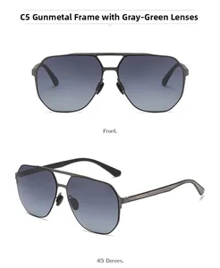 Close-up of gunmetal square sunglasses with double bridge and gradient lenses