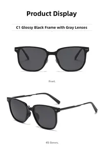 Detail view of large black square polarized sunglasses with high-quality hinges