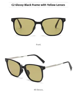 Detail view of square folding sunglasses with black frame, yellow lenses and metal rivets