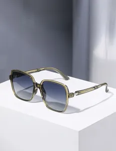 Detail of light brown translucent frames with gradient lenses on a white display pedestal