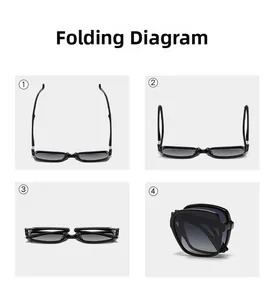 Detailed four-step folding process of black oversized polarized sunglasses for portability