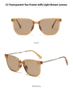 Detail view of square polarized tea-colored sunglasses with a foldable hinge and silver accents