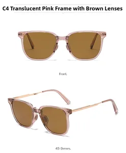 Detail view of foldable square polarized sunglasses with pink frames and brown lenses