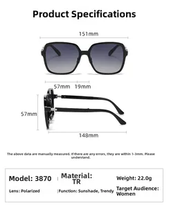 Detailed size specifications for square polarized TR sunglasses model 3870 for women